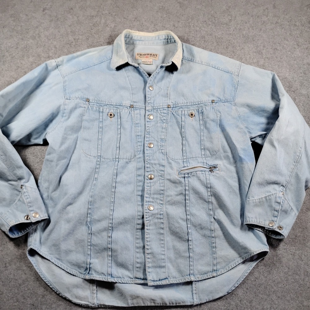Unionbay Mens Vintage 90s Denim Workwear Shirt Light Wash Corduroy Collar Large